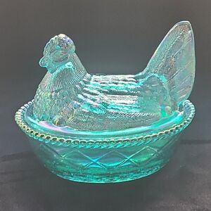 Hen On Nest Teal Carnival Glass
